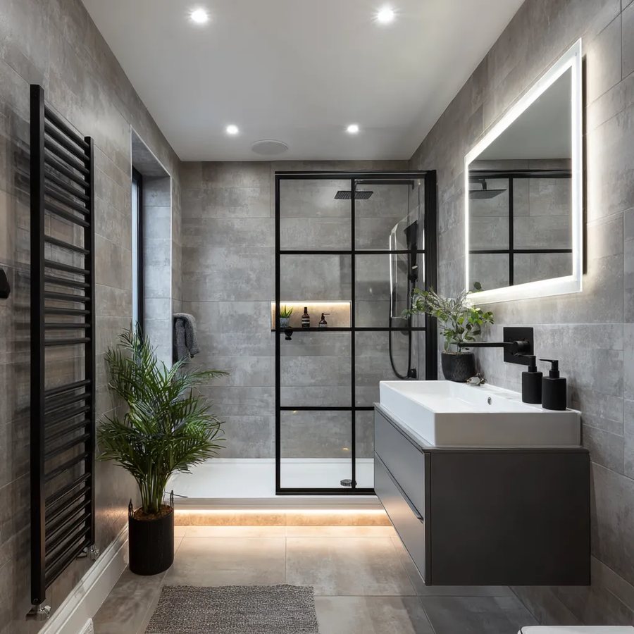 Grey tiled shower room with black Crittall screen and towel rail