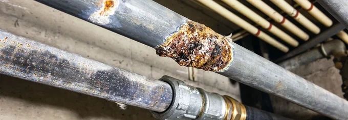 Badly corroded metal pipe with a leak forming