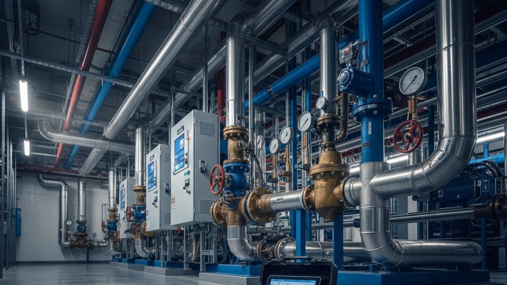 Commercial plant room with pressure gauges, valves and control panels