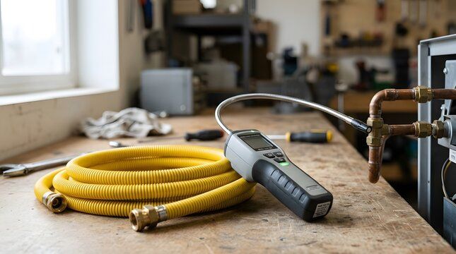 Handheld electronic gas leak detector next to gas pipework