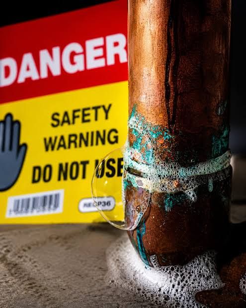 Leak detection fluid bubbling on a copper pipe beside a do not use warning label