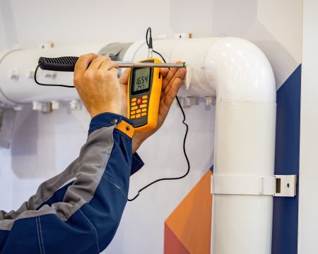 Engineer taking a reading with a handheld meter on pipework