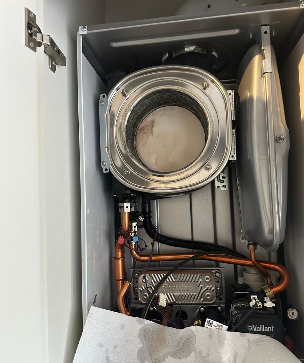 Vaillant boiler opened up with the heat exchanger exposed