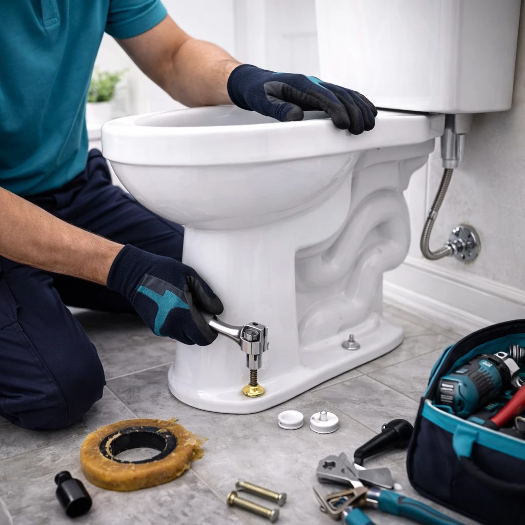 Toilet pan being refitted to the floor