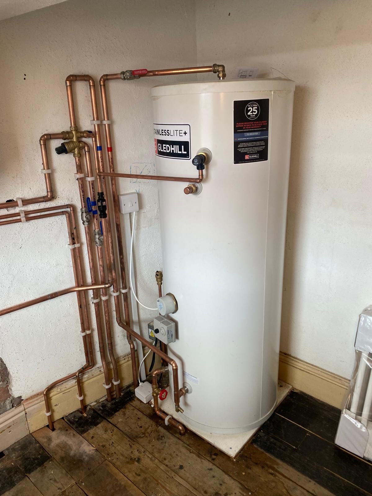 Gledhill StainlessLite Plus unvented cylinder newly installed with fresh copper pipework