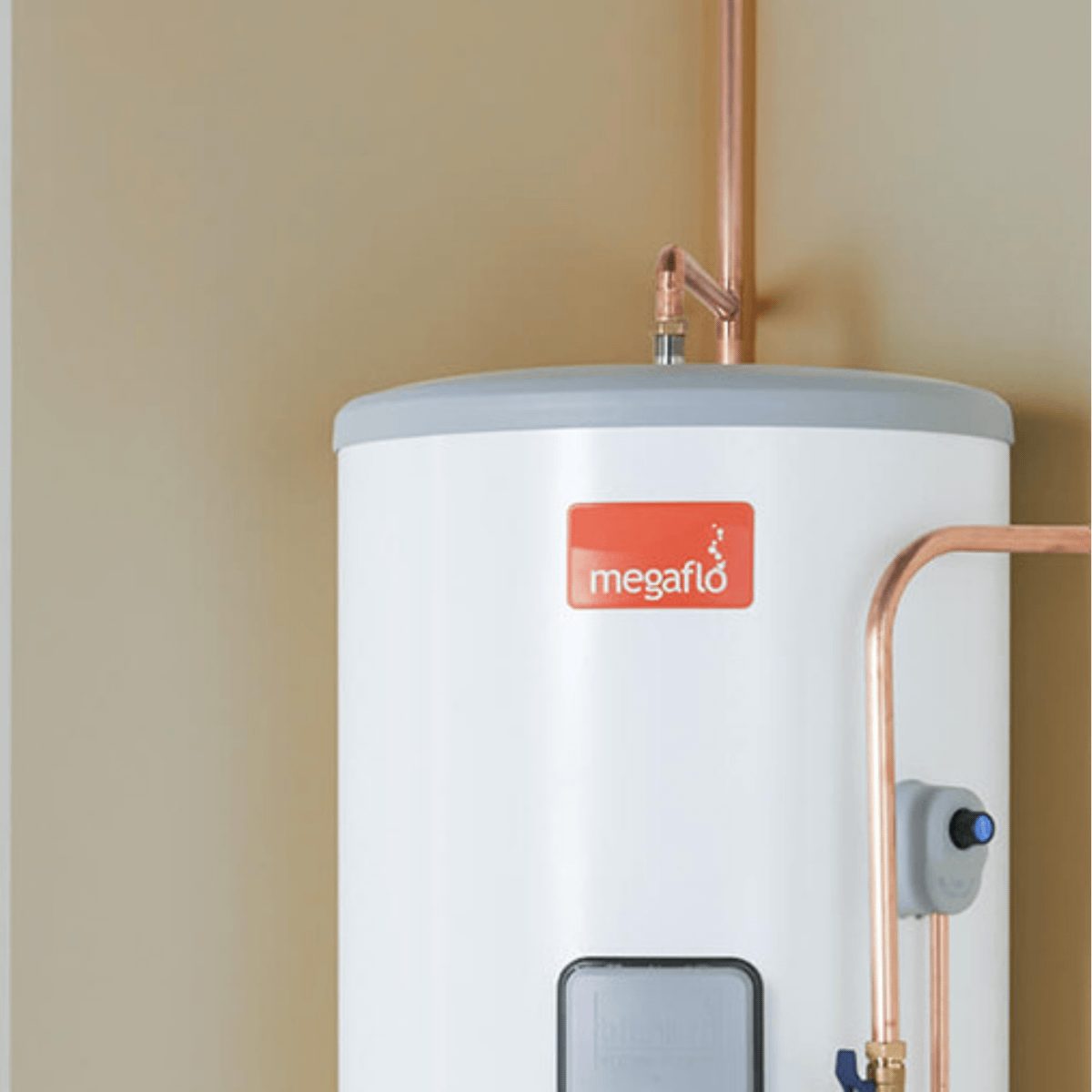 Megaflo cylinder showing the immersion heater housing and thermostat