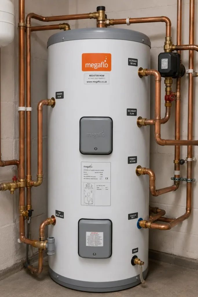 Megaflo unvented cylinder with labelled primary, secondary, cold inlet and relief valve connections