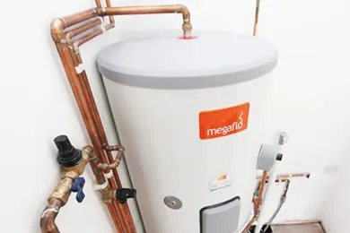 Megaflo unvented cylinder with its inlet control group